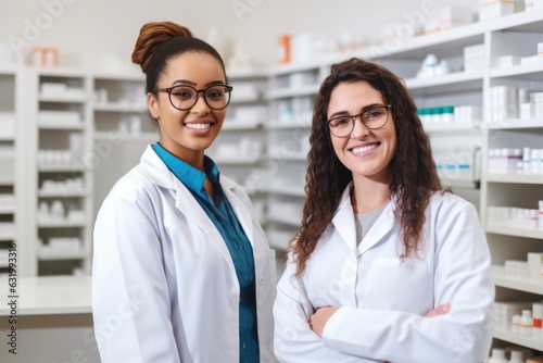 Female pharmacists smiling at the camera in a drugstore pharmacy