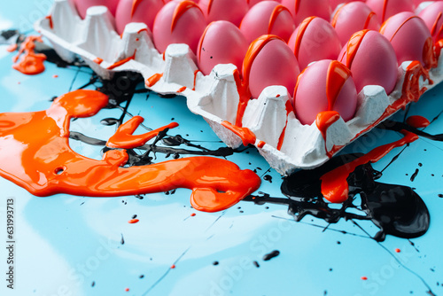 New approach to Easter eggs painting: bright pink eggs covered with thick orange dye, white carton standing on blue table with colorful paint splashes  