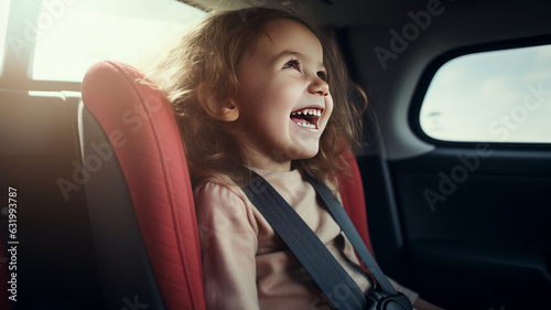 photograph of Happy girl in a child car seat wearing a seatbelt while traveling by car. generative ai. Safe movement of children in the car.generative ai © LomaPari2021