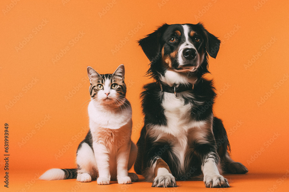 Dog and cat sitting for photo isolated on orange studio background