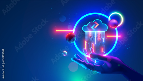 Digital technology network concept. Icon digital cloud over hand in neon lights. Digital rain of data comes from digital cloud. Internet Datum storage synchronization. upload or download information.