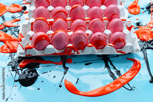 Peculiar method of Easter eggs painting: they covered with bright pink color, rubbed with vegetable oil and decorated with orange color splashes