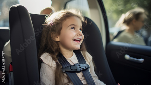 photograph of Happy girl in a child car seat wearing a seatbelt while traveling by car. generative ai. Safe movement of children in the car. © JKLoma