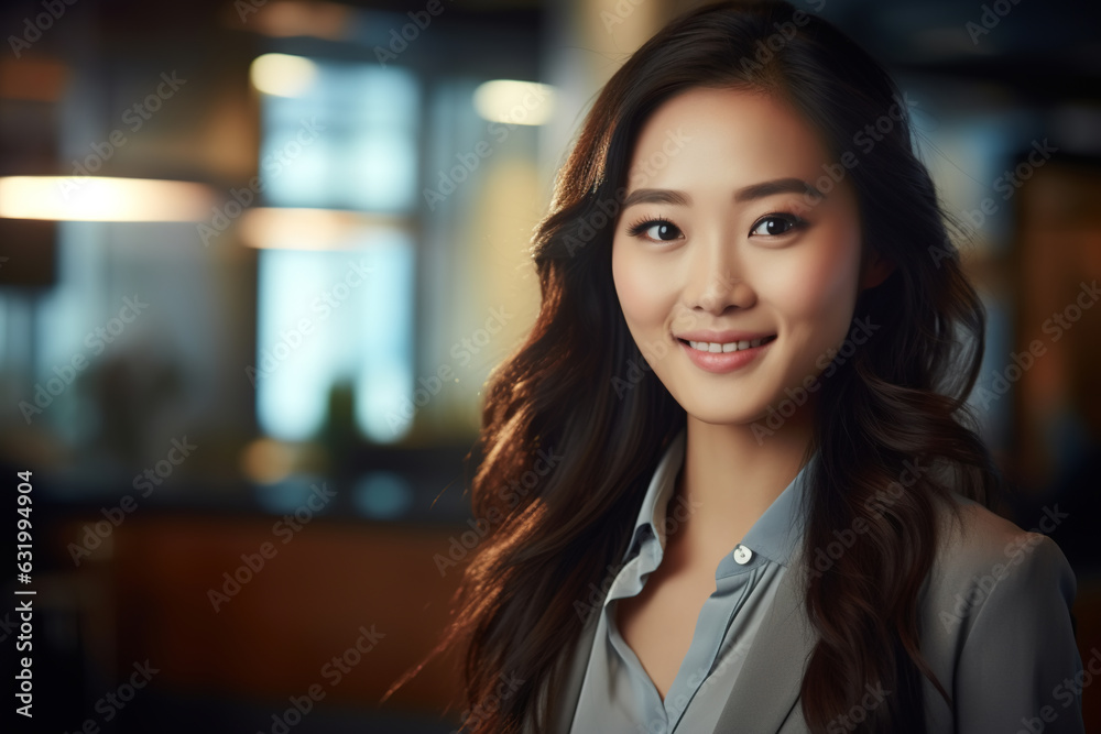 Smiling asian businesswoman in suit looking at camera, copy space. Portrait of confident successful young woman manager worker in office, indoors Smiling asian businesswoman in suit looking at camera, copy space. Portrait of confident successful young woman manager worker in office, indoors