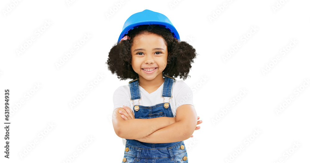 Little girl, architect and portrait smile in construction with safety helmet isolated on a transparent PNG background. Small, happy and young child or kid contractor with arms crossed in architecture Little girl, architect and portrait smile in construction with safety helmet isolated on a transparent PNG background. Small, happy and young child or kid contractor with arms crossed in architecture