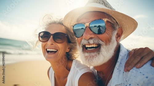 Playful happy senior couple enjoying freedom at the beach. Generative AI