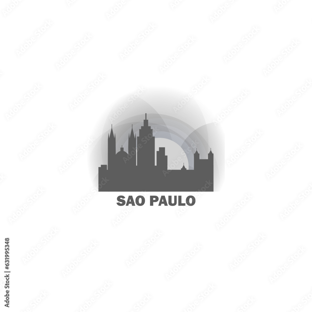 Naklejka premium Brazil, São Paulo cityscape, skyline, panorama vector flat logo, icon. Latin America city emblem contour with landmark and building silhouettes at sunrise sunset