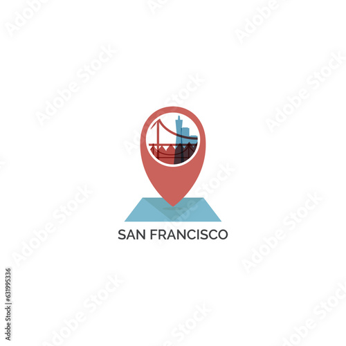 USA United States San Francisco map pin point geolocation modern skyline shape pointer vector logo icon isolated illustration. US California county emblem idea with landmarks and building silhouettes