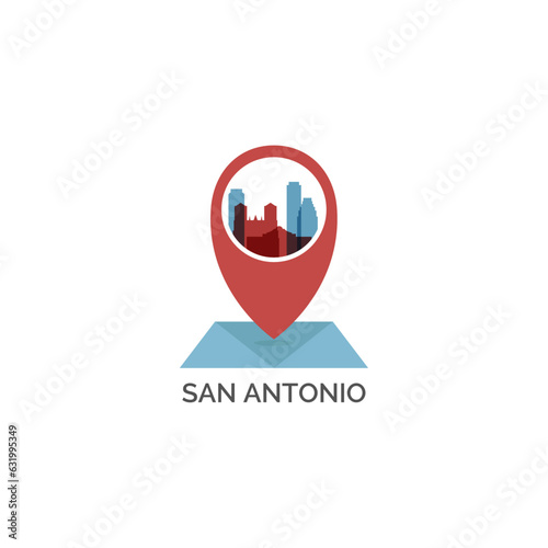 USA San Antonio map pin point, geolocation icon, skyline shape vector logo, isolated illustration. United States of America, Texas city emblem concept with landmarks and buildings