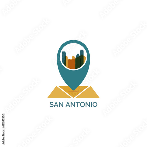USA San Antonio map pin point, geolocation icon, skyline shape vector logo, isolated illustration. United States of America, Texas city emblem concept with landmarks and buildings