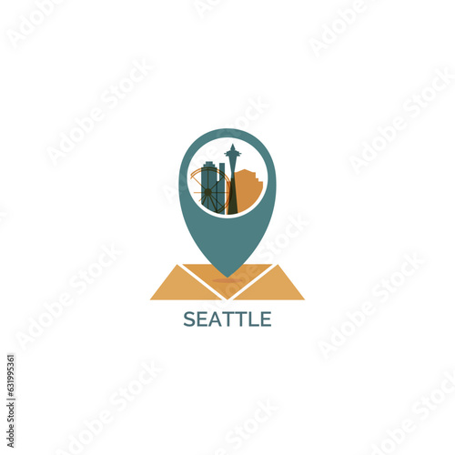 USA United States Seattle map pin point geolocation modern skyline shape pointer vector logo icon isolated illustration. US Washington King county emblem idea with landmarks and building silhouettes
