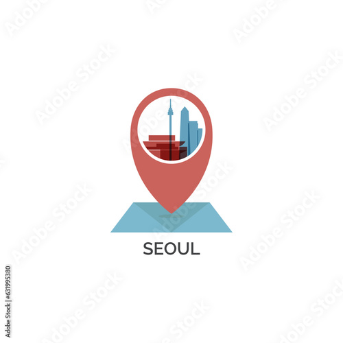 South Korea Seoul map pin point geolocation modern skyline shape pointer vector logo icon isolated illustration. Asian Korean city pointer emblem with landmarks and building silhouettes
