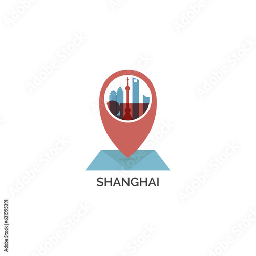 Photography China, Shanghai map pin point, geolocation icon, skyline shape vector logo, isolated illustration