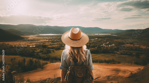 Woman looking towards mountains