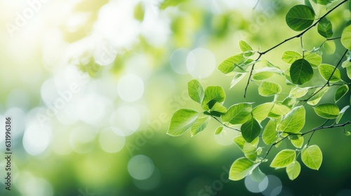 Beautiful natural spring summer defocused panoramic background frame with fresh juicy foliage and bokeh outdoors in nature. Generative AI