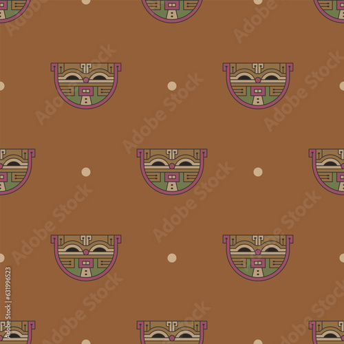 Seamless ethnic animal pattern with feline heads. Native American design of ancient Peru. Paracas textile. On orange brown background.