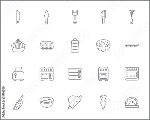 Simple Set of baking tool Related Vector Line Icons. Vector collection of kitchen utensils, equipment, apron, kitchenware, bakery, scales, dough, rolling pin, oven and design elements symbols.