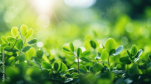 Beautiful natural spring summer defocused panoramic background frame with fresh juicy foliage and bokeh outdoors in nature. Generative AI © piai
