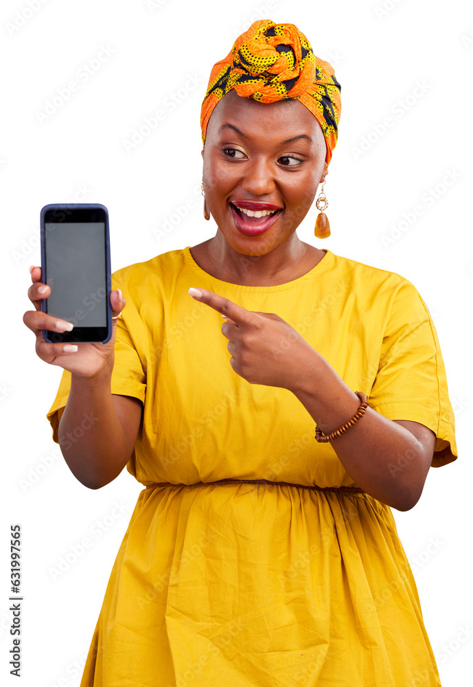 Screen, phone and happy black woman pointing at ux, app or website promo isolated in a transparent or png background. Surprise, wow and African person showing an internet deal, sale or promotion Screen, phone and happy black woman pointing at ux, app or website promo isolated in a transparent or png background. Surprise, wow and African person showing an internet deal, sale or promotion