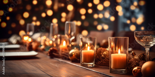 Christmas decorations on table with candles and christmas lights.