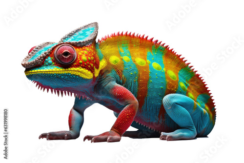 Abstract of lizard chameleon portrait isolated on white background with multi colored colorful on skin body and scales paint, reptile animal, Vibrant bright, with Generative AI.