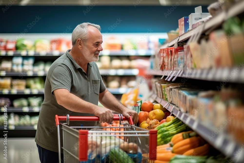a man with cart doing shopping in supermarket