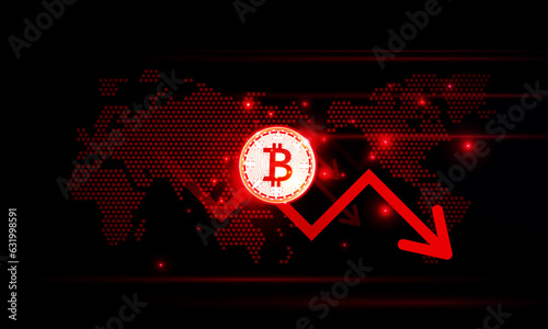 Financial chart with moving decrease in money arrow graph bitcoin cryptocurrency technology and world map in stock market on blue color background concept innovation background, vector design