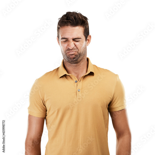 Man, funny face and disgust for problem, bad smell and odor on isolated, transparent and png background. Model, person and gross facial expression for disaster fail, mistake and negative reaction