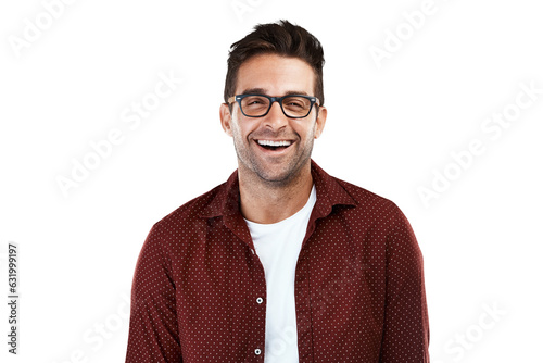 Happy, glasses and funny with portrait of man on png for eye health, optometry and fashion. Nerd, smile and happiness with person isolated on transparent background for prescription, lens and frames
