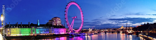 Photography Ultra Wide Panoramic View of Illuminated London Eye from River Thames Westminster, Big Ben clock Tower at After Sunset Night