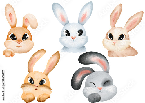 Bunny and rabbit watercolor set. Hand drawn bunnies and rabbits in different color. hare illustration element. Cute characters for easter, Christmas, valentines day, birthday. for postcards, textile