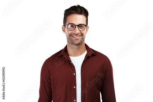 Happy, glasses and optometry with portrait of man on png for eye health, geek and fashion. Nerd, smile and happiness with person isolated on transparent background for prescription, lens and frames