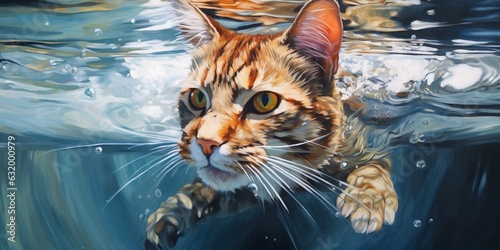 illustration of a cat is swimming underwater, generative AI