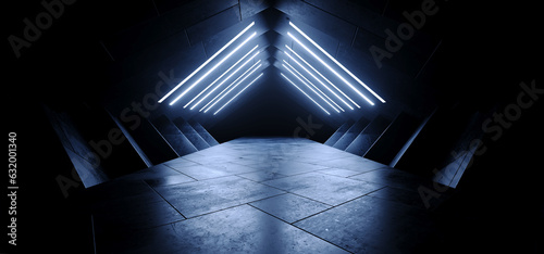 Fototapeta Naklejka Na Ścianę i Meble -  Sci Fi Showcase Modern Cyber Asphalt Parking Cement Concrete Dark Led Tubes Neon Glowing Blue Tunnel Corridor Hangar Hallway Warehouse Underground Studio Showroom 3D Rendering