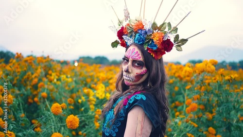 Woman with Mexico Catrina makeup in flower field, serious woman in traditional costume and headwear wearing, standing on field among blooming marigold flowers while looking away. Day of death.