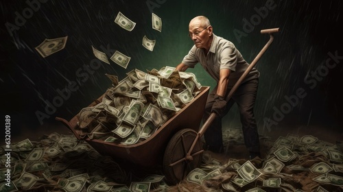 Fotografia man pushing a wheelbarrow full of money