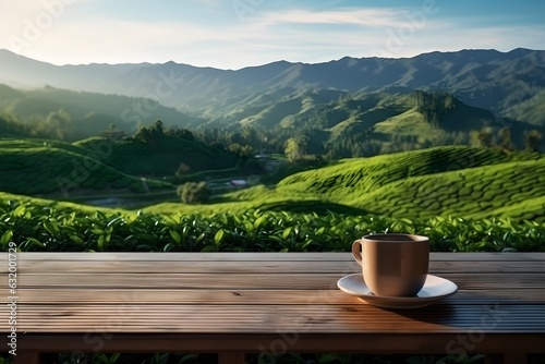 Gray coffee cup on wooden table and natural rice fields, fresh atmosphere, sunlight in the early morning background, ai generated