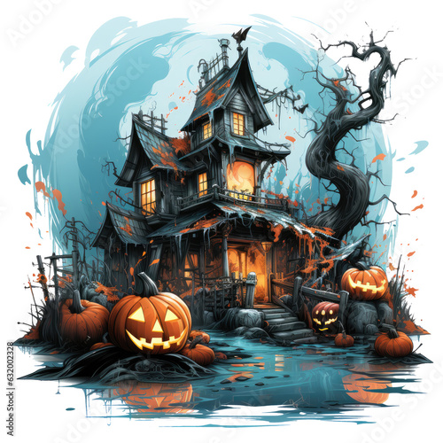 A Halloween haunted house t-shirt design in a spooky carnival, with the haunted house as a sinister circus tent, Generative Ai