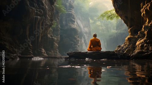 A monk or priest sitting on a rock in front of a cave, thailand Generative AI © kitti