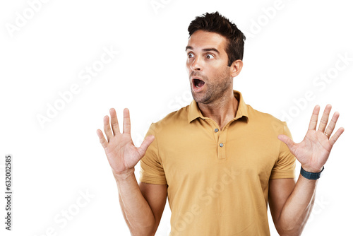Isolated man, surprise face and shock with thinking for deal, news or announcement by transparent png background. Guy, fashion model and wow with hands in air for secret discount, idea or information