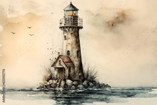Lighthouse drawing. Seascape picture. Retro poster. Creative illustration of painted tower with house near sea shore beige blurred landscape design.