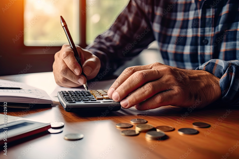 Accounting Calculating Mathematic Economic Finance Concept.Businessman using calculator and writing financial report in office Accounting Calculating Mathematic Economic Finance Concept.Businessman using calculator and writing financial report in office