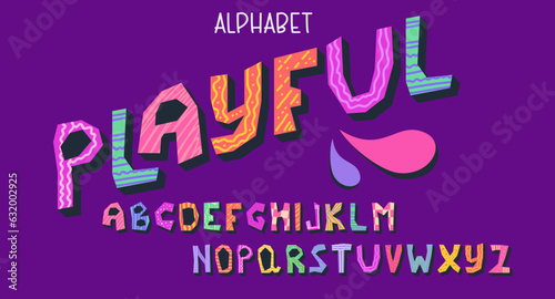 Font funky alphabet for kids. Playful font childich design. Cute letter funky type. Cartoon vector illustration. Happy comic bold style