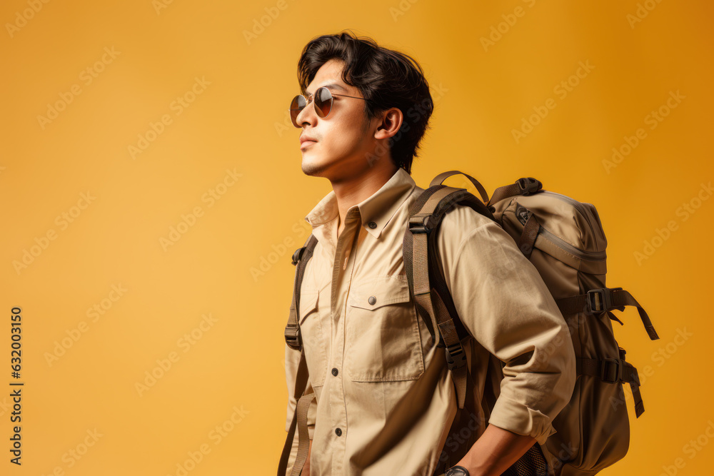 Portrait of young Asian man with tourist backpack isolated on studio background. Travel concept. Generative AI Portrait of young Asian man with tourist backpack isolated on studio background. Travel concept. Generative AI