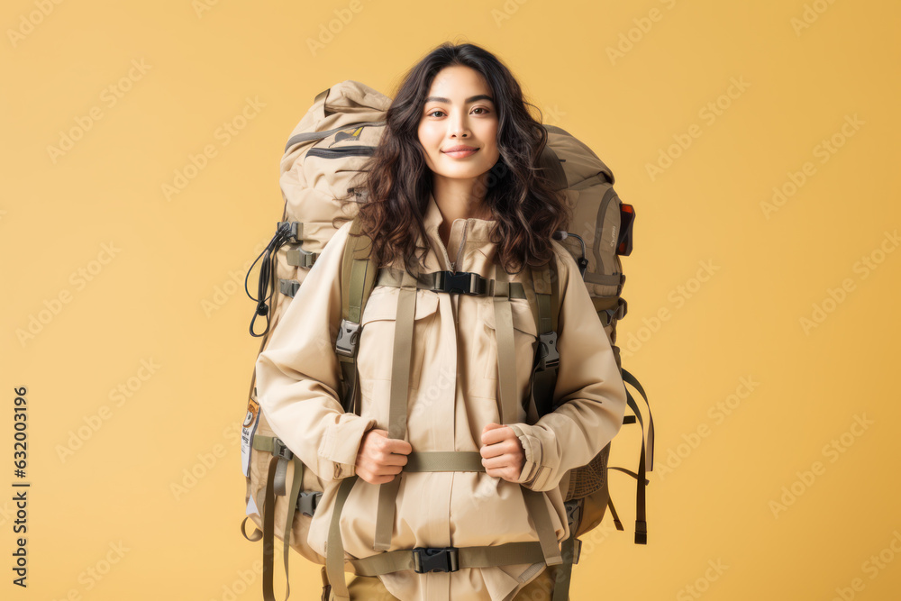 Portrait of young Asian woman with tourist backpack isolated on studio background. Travel concept. Generative AI Portrait of young Asian woman with tourist backpack isolated on studio background. Travel concept. Generative AI