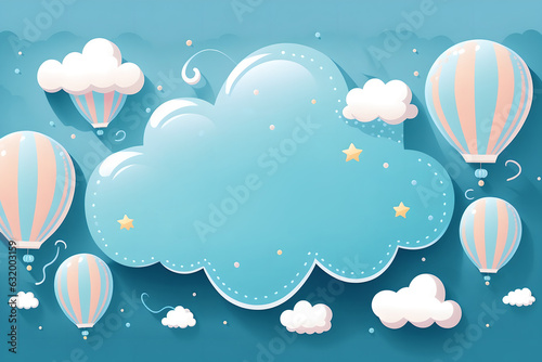 Baby shower card. Creative invitation. Graphic design. Illustration in blue colors of cartoon clouds and air balloons copy space.