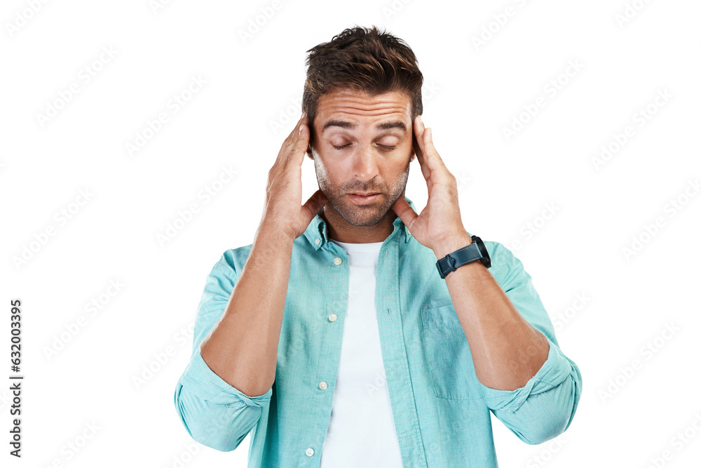 Dizzy, tired or man with headache stress, brain fog or burnout isolated
