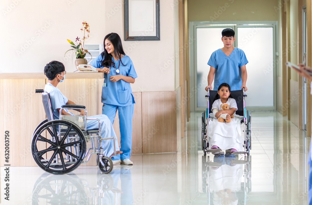 Group of professional medical doctor team work with stethoscope in uniform working discussing and talk with sick patient walking in hospital.health medical care concept Group of professional medical doctor team work with stethoscope in uniform working discussing and talk with sick patient walking in hospital.health medical care concept