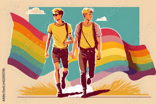 Lgbtqia pride. Male couple. Graphic illustration. Creative art with two gay men with rainbow flags on design blue yellow sunny day beige background.