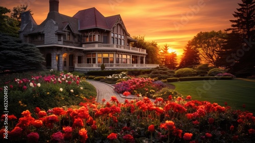 Magnificent countryside estate. The setting sun paints the sky in shades of orange and red, beautifully accentuating the façade of the house. Generative AI